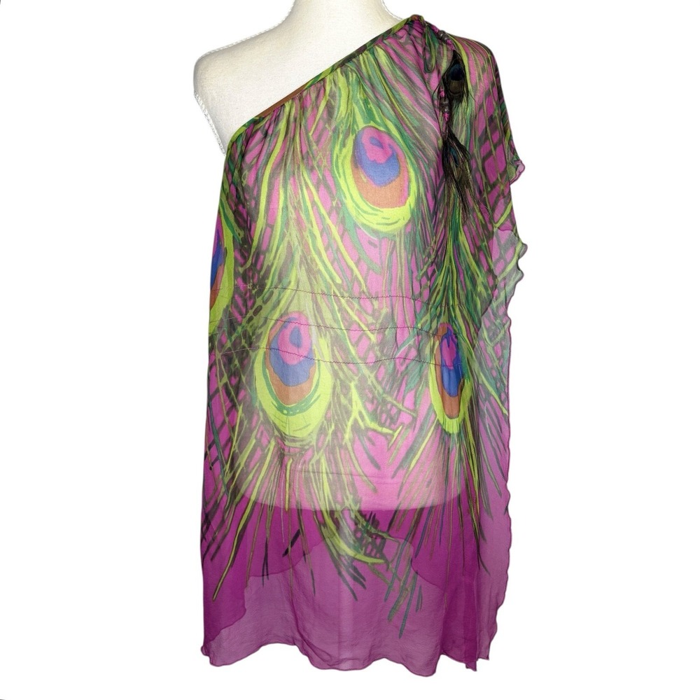 VTG Y2k Peacock Feather Sheer Boho Fairy Top XS Indie Maximalist One Shoulder